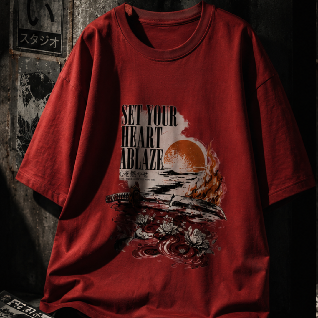 Set Your Heart Ablaze Rengoku – Dark Red Oversized Tee | Kurai Studio