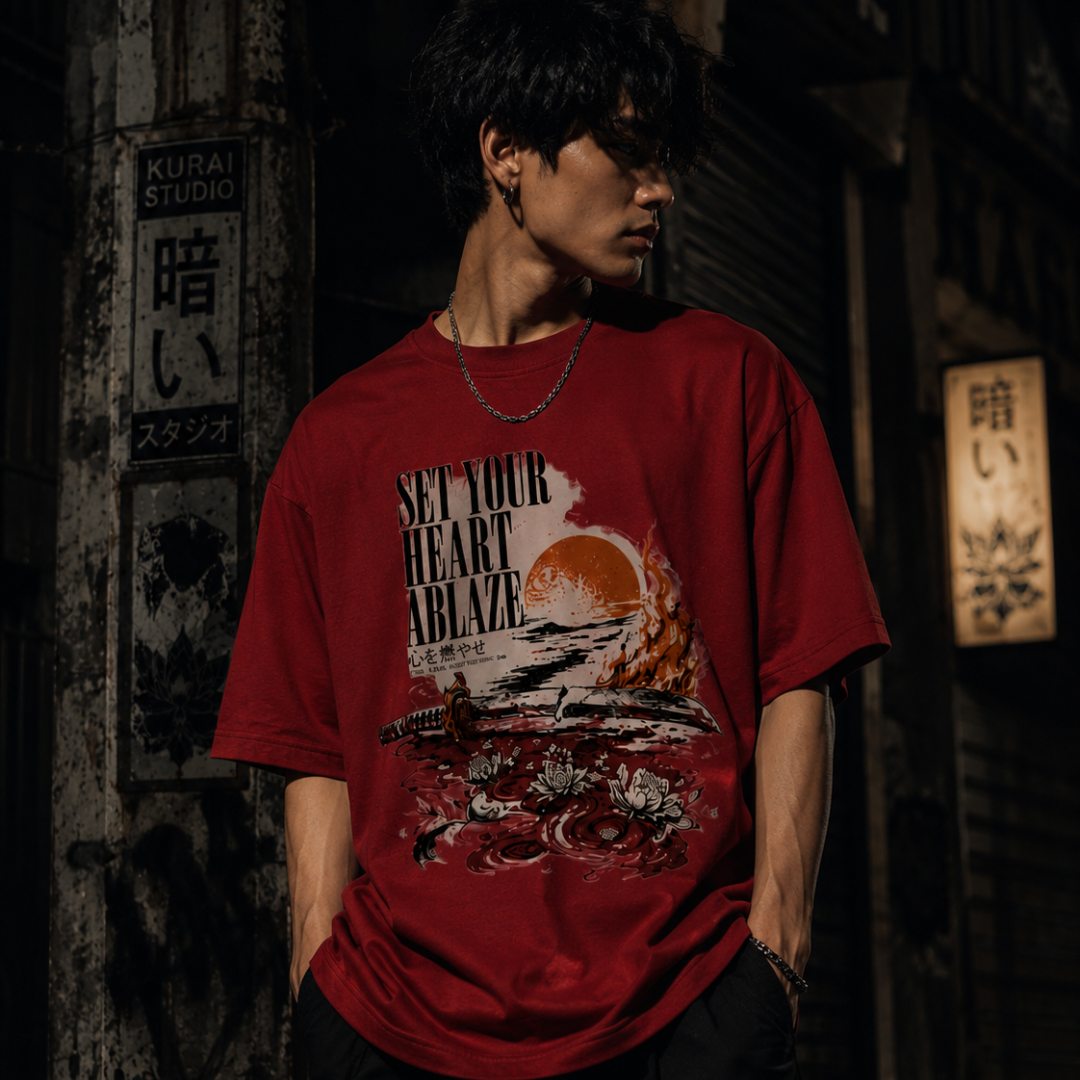 Set Your Heart Ablaze Rengoku – Dark Red Oversized Tee | Kurai Studio